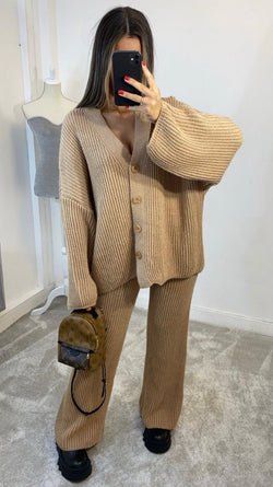 BEIGE KNITTED BUTTON CARDIGAN & TROUSER SET