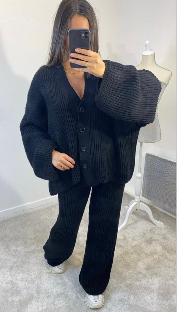 BLACK KNITTED BUTTON CARDIGAN & TROUSER SET